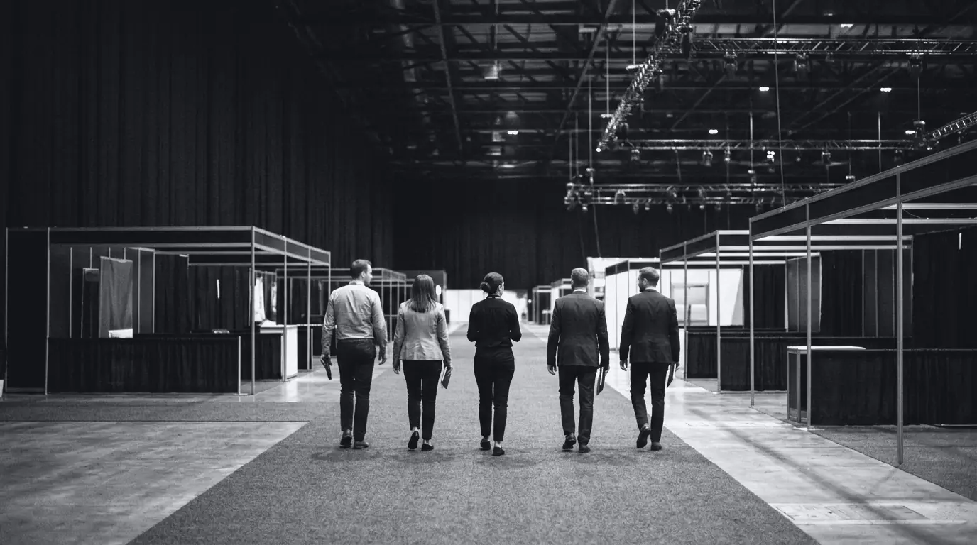 Duotone photo of a small group of business visitors walking down an exhibition aisle, seen from behind