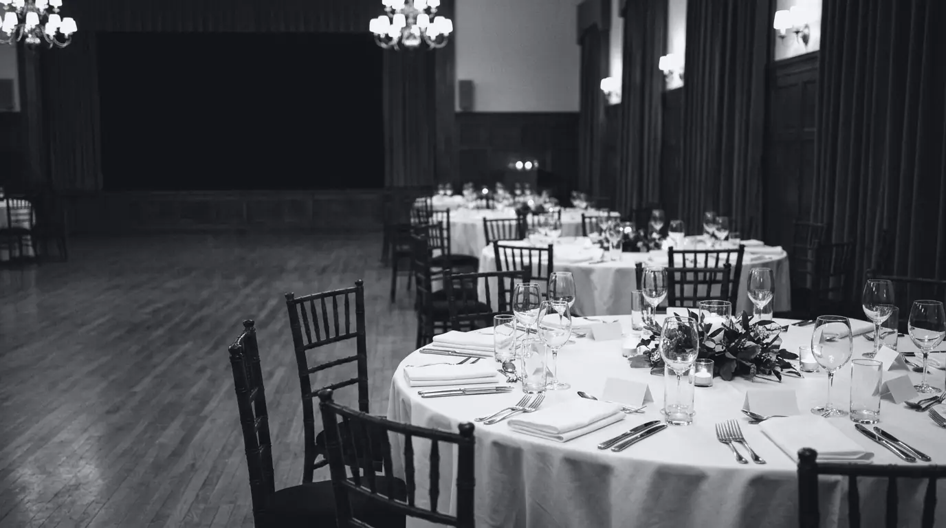 Duotone photo of round dinner tables set with glasses and place cards before guests arrive
