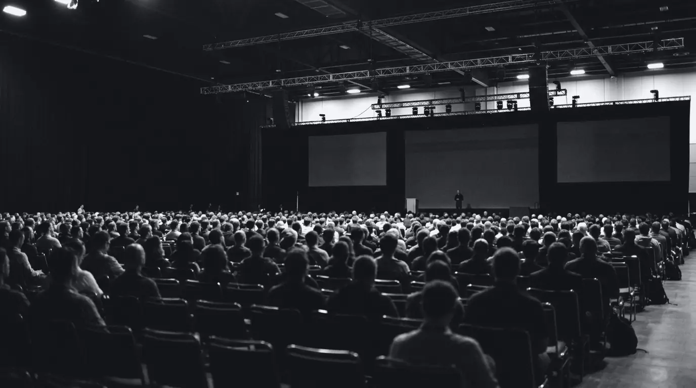 Duotone photo of a large conference hall seen from the back, with an audience facing a stage and blank screens